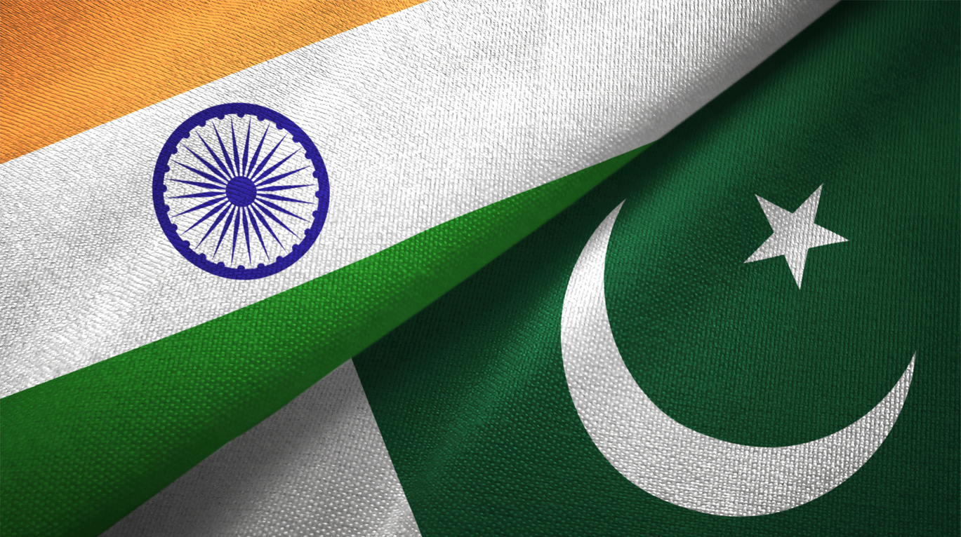 Pakistan and India two flags together textile cloth fabric texture