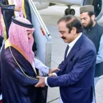 Interior Minister Rana Sanaullah greets Saudi Arabia Deputy Interior Minister Dr Nasir Bin Abdul Aziz Al-Dawood at the Nur Khan Airbase.